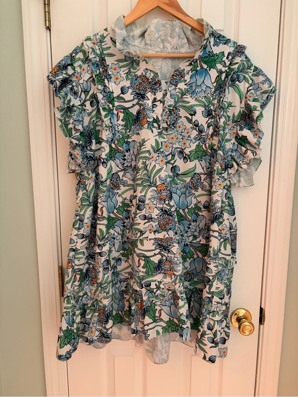 Women’s Floral Ruffle Short Sleeve Mini Dress Green, White & Blue XL